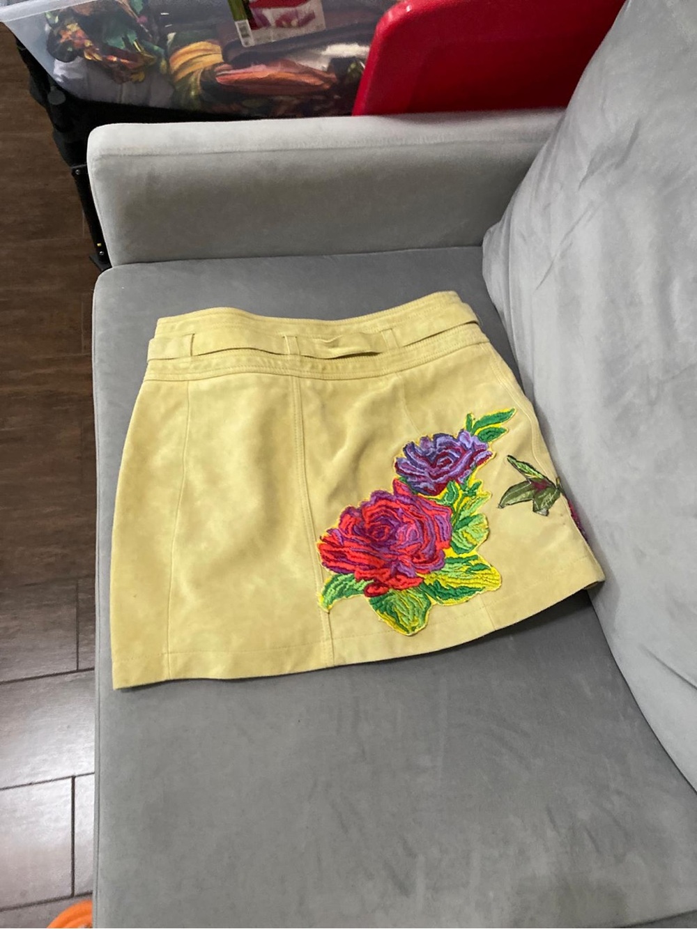 Free People Yellow Mini Skirt with Vibrant Rose Embroidery